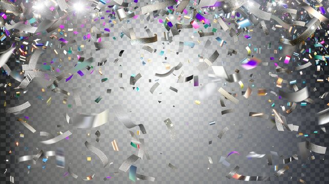 Flying holographic confetti isolated on transparent background. Modern illustration of rainbow glitter sparking. Carnival decoration, surprise party effect, silver foil tinsel.