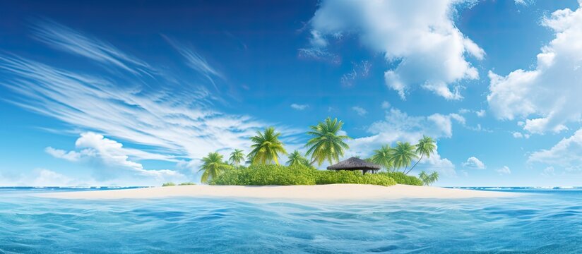 Copy space image of a serene summer day at a tropical island paradise with a clear blue sky adorned by fluffy white clouds and illuminated by the morning sunlight