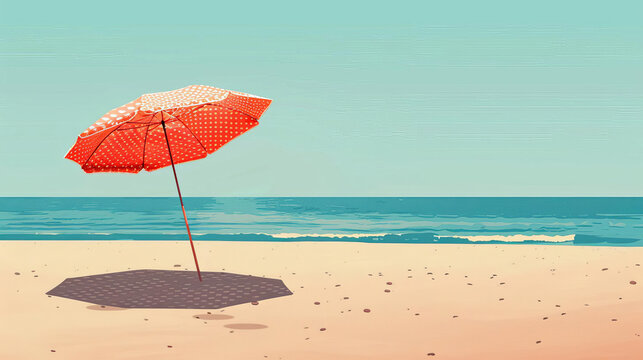 Cartoon clipart of a beach umbrella with polka dots, casting a playful dotted shadow on the beach