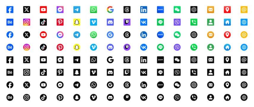 social media logo icons set. facebook, instagram, youtube, whatsapp, tiktok, icon - Contact us icon set. Web icons , call, location, globe, world, global, message, at, email, address, website, icon