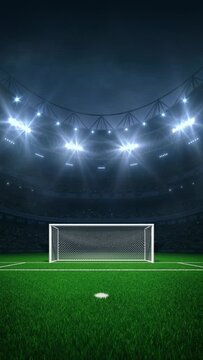 Modern sport stadium at night and football or soccer field with white goalpost ready for match. Looped animation of sports background as vertical 4K video.