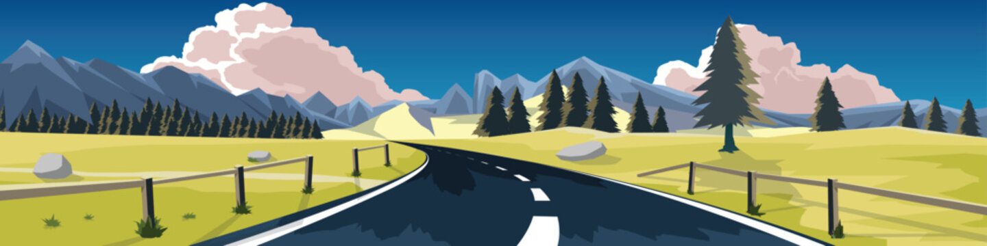Copy Space Flat Vector Illustration. of curved asphalt road. Two side wooden fence and wide open fields and low mountains.  Under blue sky and white pink clouds.