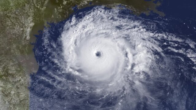 A fictional satellite view of a large hurricane near America's Gulf coastal region, including Texas, Louisiana, and Mexico. Modified hurricane image courtesy of NOAA.GOV.  	