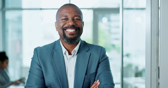 Arms crossed, happy and mature business man in boardroom of office for corporate meeting or planning. Confidence, management and portrait with smile of employee in doorway of professional workplace