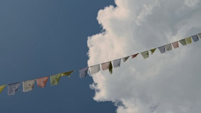 Religious Background with Copy Space, Buddhist Religion Prayer Flags and Blue Sky, Buddhism Background of Colourful Prayer Flag Blowing in the Wind in Nepal, Background withe Copyspace