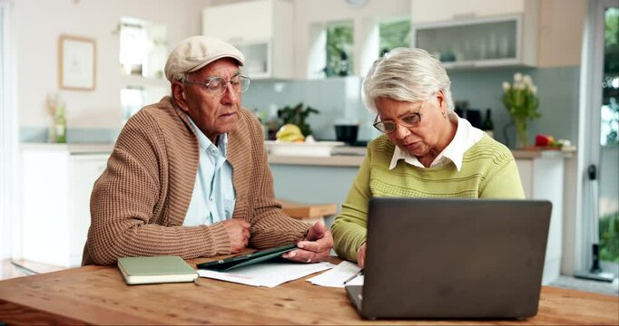 Senior couple, financial or laptop for banking update, mortgage balance or household bills in home. Retirement fund, planning or elderly people reading tablet, pension policy or loan summary online