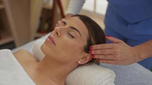 A woman receives a relaxing facial massage from a therapist at a spa, showcasing wellness and tranquility in an indoor beauty setting.