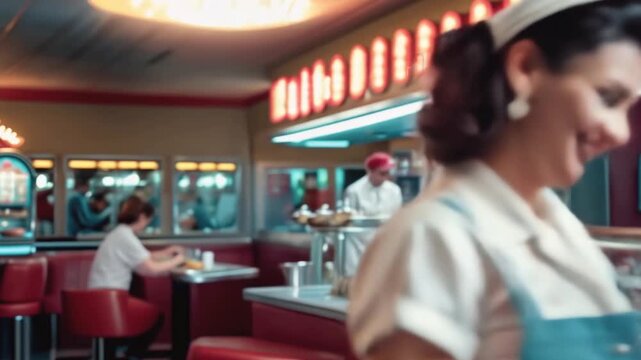 a vintage waitress in a diner, wearing a white uniform and a white cap, smiling at the camera.