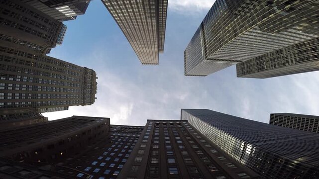 Viewing city skyscrapers from the ground displays architectural marvels and urban development