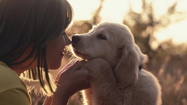 Little golden retriever puppy touching nose of its owner with love. Happy dog spending good time on nature countryside background. Cute doggy. Hunting breed.