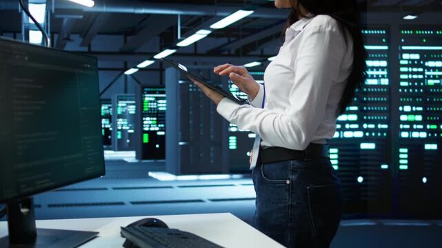 Data center computer scientist designing, implementing and managing infrastructure to ensure optimal performance and reliability. Woman in server room coding on tablet, camera B