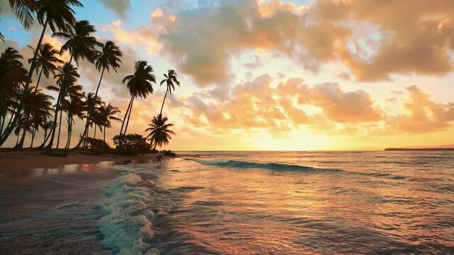 Sea orange sunset on the beach of coconut palms. Silhouettes of palm trees on the seashore. Waves hitting the sand on the sandy beach. Sunset over the sea amazing landscape. Sunset landscape.