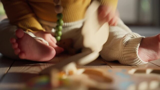 Baby Engaged With Wooden Puzzle On Floor