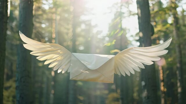 Envelope with wings flying in a sunlit forest, fantasy concept