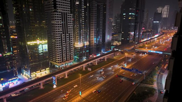 Nighttime traffic on Sheikh Zayed Road, Dubai from Four Points Hotel