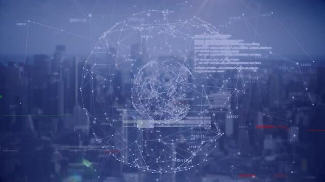 Network of connections and data processing animation over cityscape background