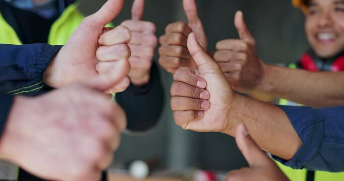 Hands, engineer and team of people thumbs up closeup for quality assurance, excellence or support. Architect, like and gesture for construction project success, building goal and group collaboration