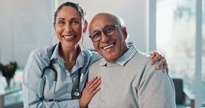 Happy woman, doctor and hug with elderly patient for consultation, visit or healthcare support at clinic. Portrait, female person and senior man with smile for checkup, assistance or medical help