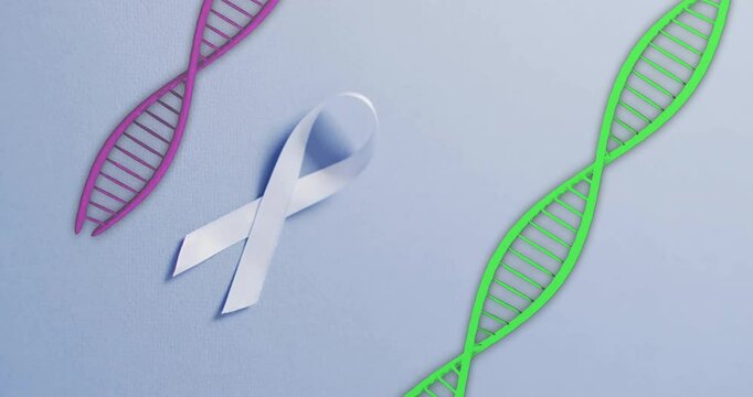 Animation of dna strands and white ribbon on blue background