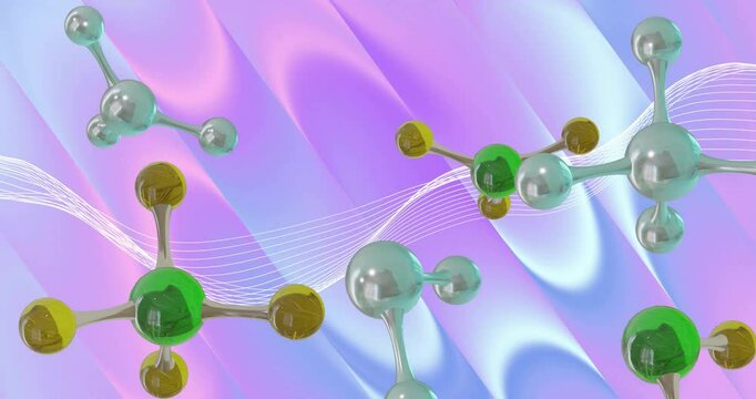 Animation of molecules moving over waving multi coloured background