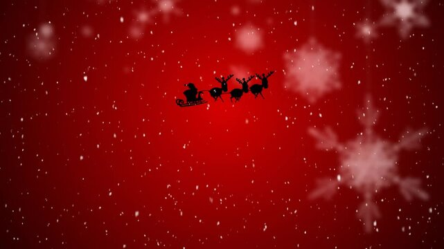 Animation of snow falling over santa in sleigh on red background