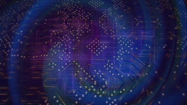 Animation of computer circuit board over network of connections on black background