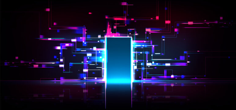 Future door background. Digital futuristic neon light for opportunity. Open matrix portal to innovation space. Education through doorway for cyber science discovery design. Pixel hud graphic