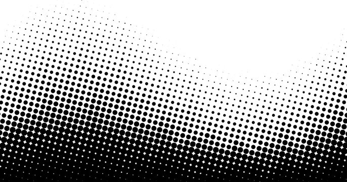 Black and white dotted halftone background.