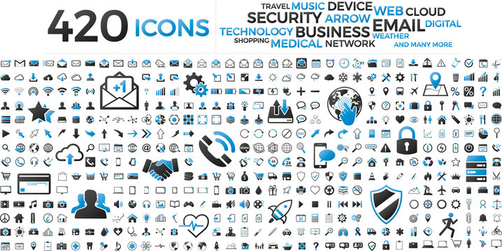 Black and blue web business technology icons set