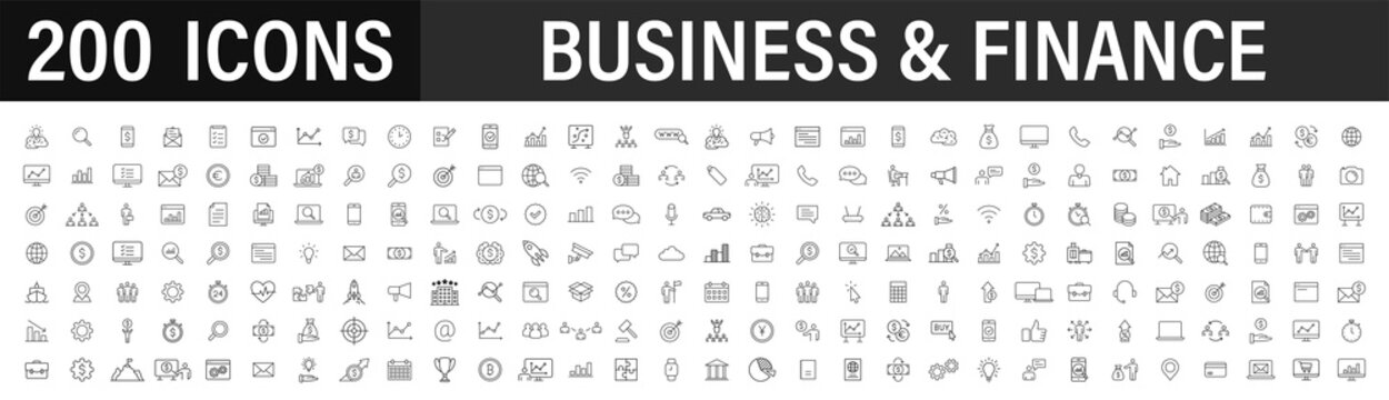 Set of 200 Business icons. Business and Finance web icons in line style. Money, bank, contact, infographic. Icon collection. Vector illustration.