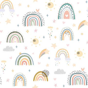 Nice baby neutral bohemian rainbows seamless pattern. Trend rainbows surface. Boho rainbows for baby shower invitations, cards, nursery room, posters, fabric.