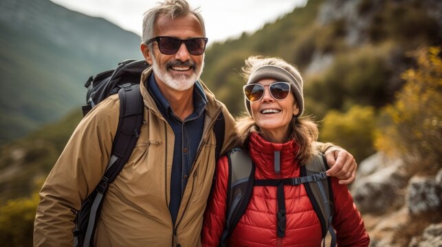 pareja mayor, con ropa de abrigo y gafas de sol, realizando senderismo por la naturaleza,