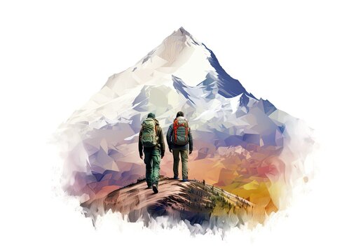 Two climbers climb to the top of a snowy mountain. Professional hiking. Climbing team. Tourism or sport life style concept. Illustration for cover, card, postcard, interior design, decor or print.