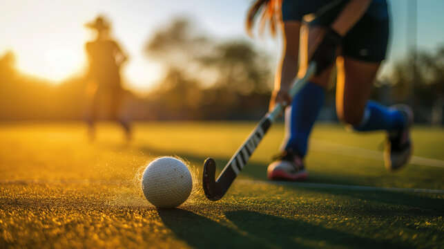 Energetic field hockey action with a focus on hockey ball, an Indian women's hockey player