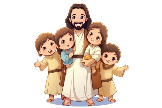 Vector illustration of Jesus Christ with his family isolated on white background.