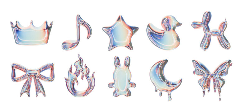 3D gloss y2k icon set, romantic cute holographic sticker, futuristic 90s reflective girly shapes. Cartoon fluid gradient reflective effect object, kawaii glass crystal star, crown, butterfly. Y2k icon