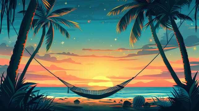 hammock on the beach at sunset with palm trees