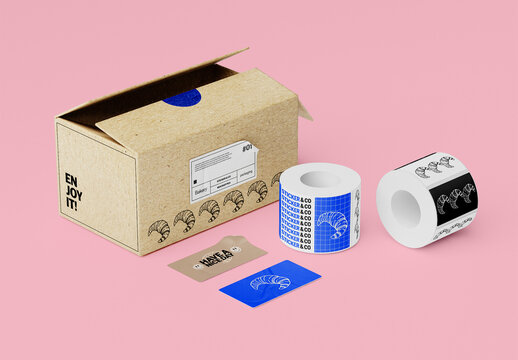 Packaging Box Tape with Stickers Mockup 