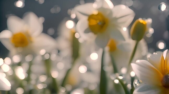 A macro capture, Tiny water beads on daffodil petals, sparkling in the sun