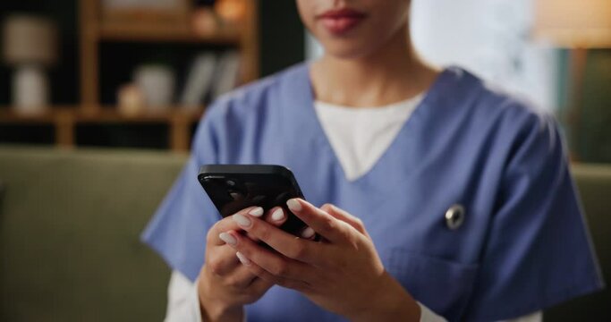 Phone, typing and hands of nurse on sofa for telehealth, research and online consultation in home. Healthcare, caregiver and woman on smartphone for social media, networking or wellness app in clinic