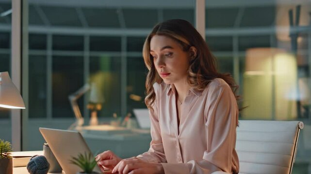 Woman browsing computer overtime in dark office. Exhausted woman closing laptop