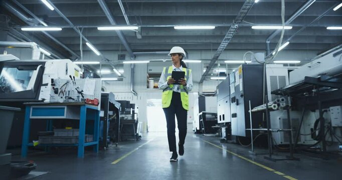 Female Worker in a White Hard Hat and Reflective Vest Walks Through a Manufacturing Facility, Inspecting Machinery. Factory is Equipped with Advanced Automated Engineering Tools for Production Work