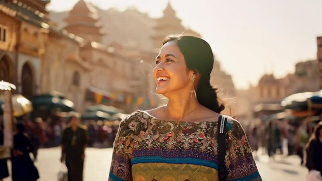 Woman walking street smiling happy