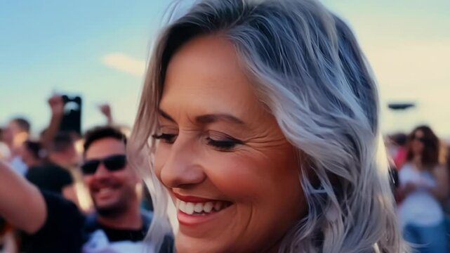 A woman with grey hair flashes a smile as she dances in the crowd at a music festival.