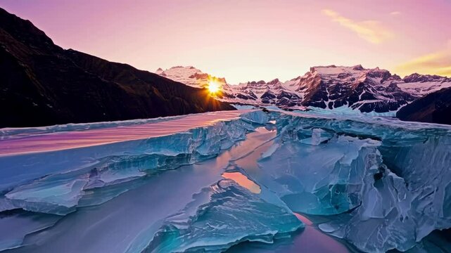 As the sun sets behind the mountains soft pastel hues paint the glacier in a dreamy ethereal light.