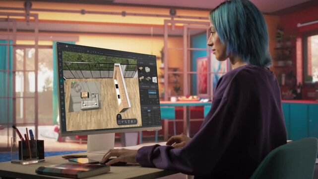 Creative Female Working, Using Computer Software to Choose, Move and Manipulate 3D Furniture in a Cozy Home Project. Student Making an Architecture College Assignment for Interior Design Course