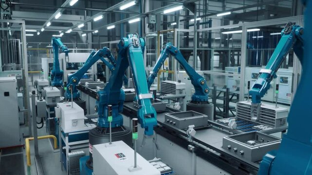 Advanced White Robotic Arms in an Autonomous Factory Assembling Electronic Components on a Modern Production Line. Engineering and Technology in a Manufacturing Facility. Establishing Footage