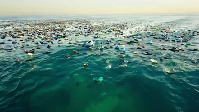 microplastics and plastic bottles drifting on the open sea