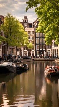 The canals and historic architecture of Amsterdam, with charming houseboats, bicycle-lined streets, and tulip-filled gardens
