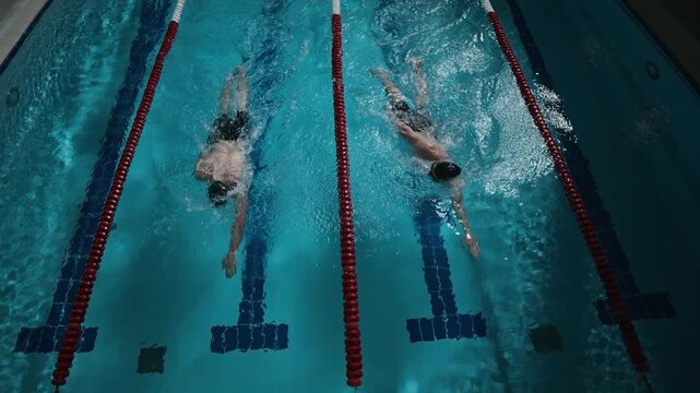 Top view slowmo shot of two athletic men racing and doing push-off while training together in indoor swimming pool